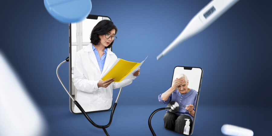 digital health with a remote medical consultation via smartphones, showing a doctor and patient connected by technology. Floating medical elements symbolize the integration of telemedicine into modern healthcare.